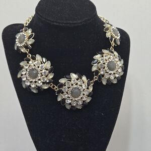 Gold Tone Flower Jeweled Bib Style Statement Necklace Rhinestone Black Smokey